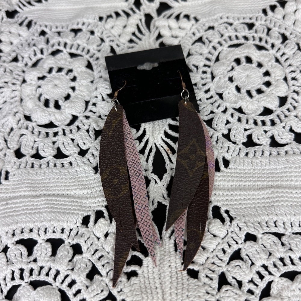 Upcycled Louis Vuitton Canvas Feathered Layered Dangle Earrings